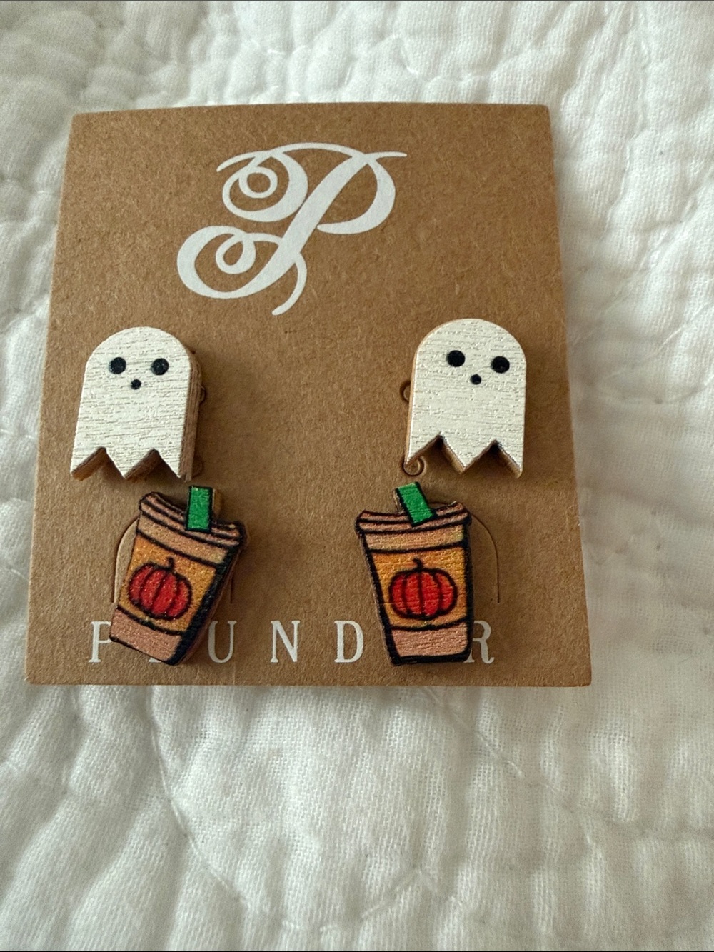 Plunder Ghost and Pumpkin Spice Cup Stud Earrings - White, Brown, Orange, Green